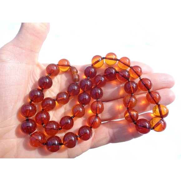 100% NATURAL BALTIC AMBER Round 11 mm Beads Necklace Cognac 30.4gr Not Pressed